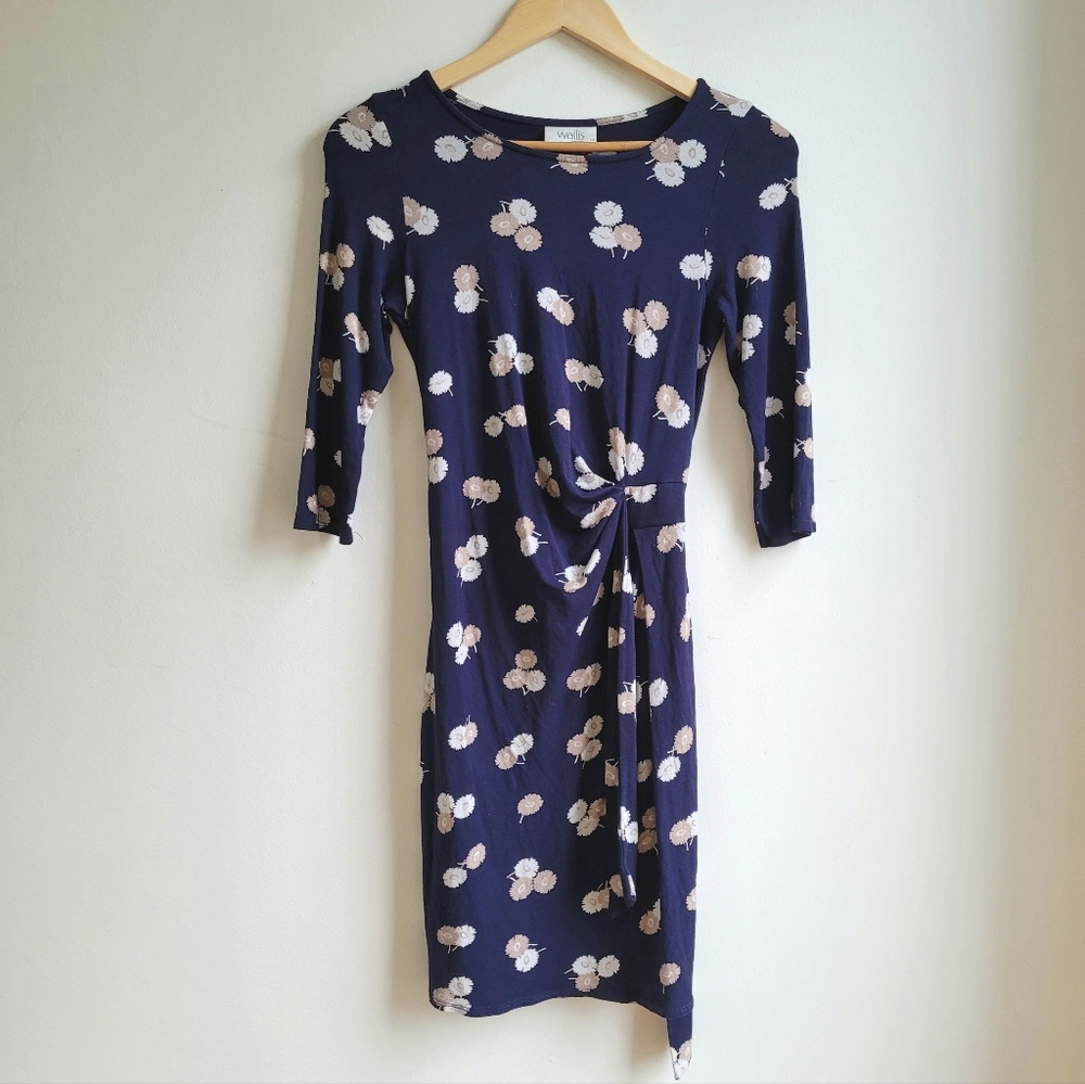 WALLIS Floral Sheath Ruched Waist Tie Navy Size 6 Petite